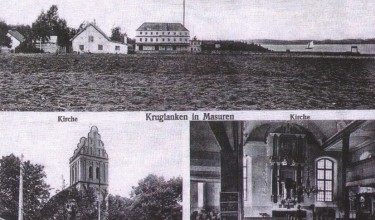Kruklanki na Mazurach (Kruglanken in Masuren): kościół i jego wnętrze (widoczne są okna po obu stronach ołtarza – obecnie zamurowane), młyn parowy nad jeziorem, reprodukcja pocztówki. - powiększ